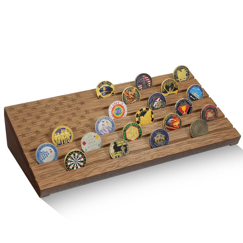 ASmileIndeep ASmilelndeep Challenge Coin Display Case Holder Holds 40 Coins, 6 Rows Solid Wood Military Coin Holder Display Rack with American Flag for Desk Display, Black Olive Finish - Image 1